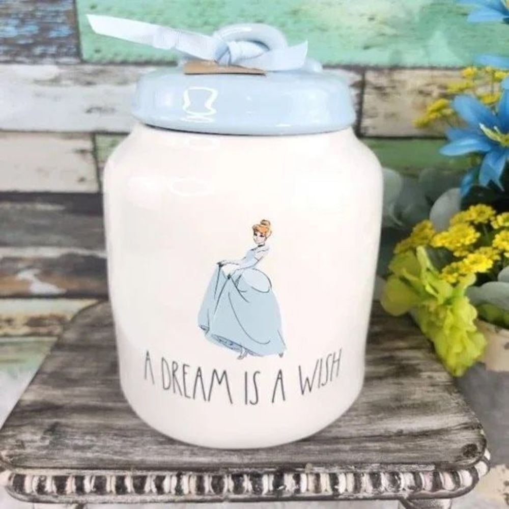 NWT Rae Dunn Cinderella A DREAM IS A WISH White Blue Big Canister Cookie Jar Lid